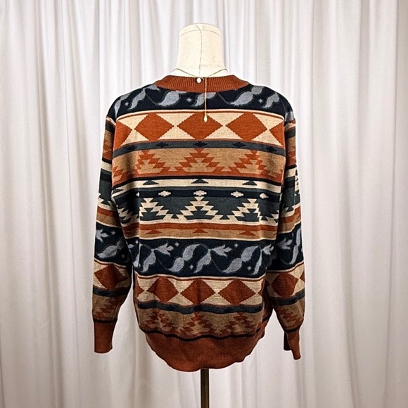 Womens Geometric Print Button Up Cardigan Sweater Rust Brown Blue Cream - Picture 3 of 3